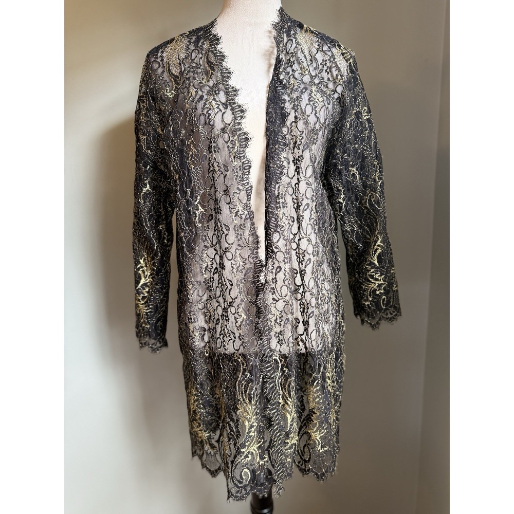 Victoria's Secret Black Gold Lace Robe 90's Glam Whimsi Goth S resort beach boho